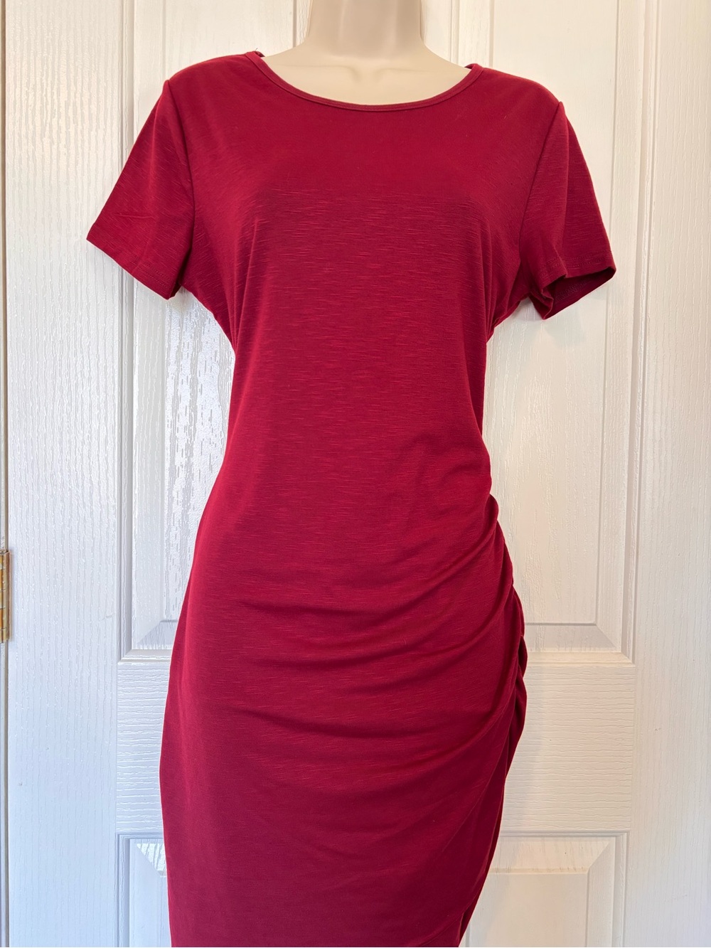 Ruched Short-Sleeve Crewneck Tee Dress in Deep Red